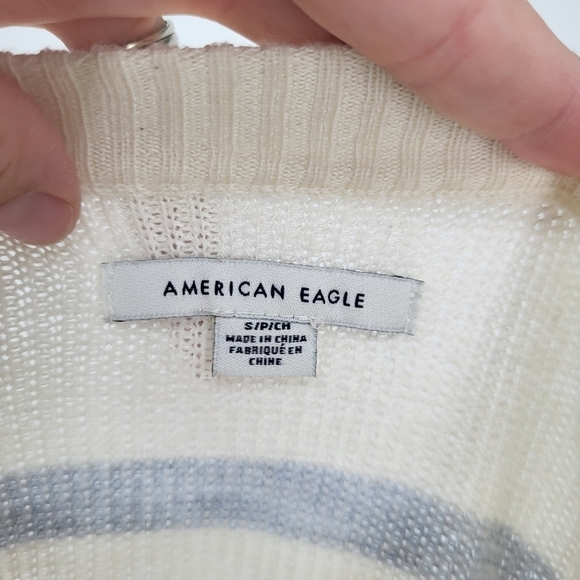 American Eagle Striped Knit Sweater V Neck Slouchy Cream Pink Blue Small - Picture 3 of 8